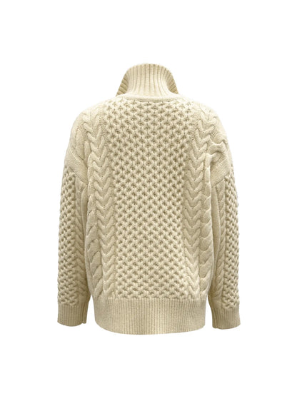 Oversized Beige Cable Knit Sweater Casual Long Sleeve Half-Zip with Pockets Comfortable Knitwear