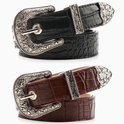 Gothic Retro Western Style Etched PU Leather with Metal Pin Buckle and End Caps