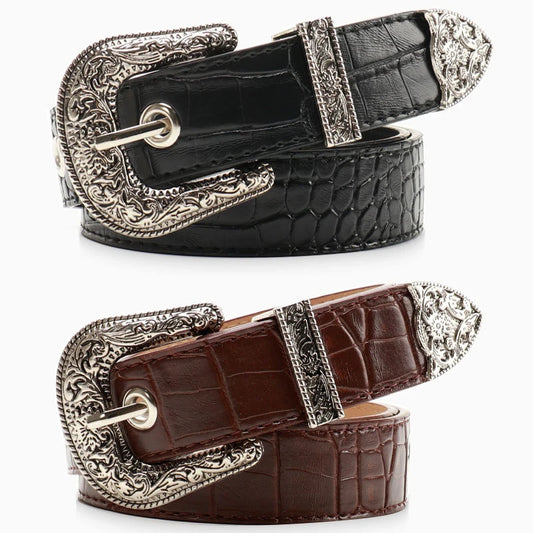 Gothic Retro Western Style Etched PU Leather with Metal Pin Buckle and End Caps