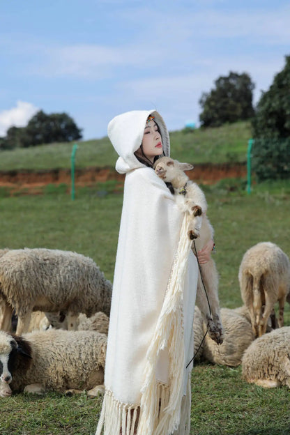 Boho Tassels Handmade Knitted Capes Thick Warm Ethnic Cloak Poncho (Red and Off White)
