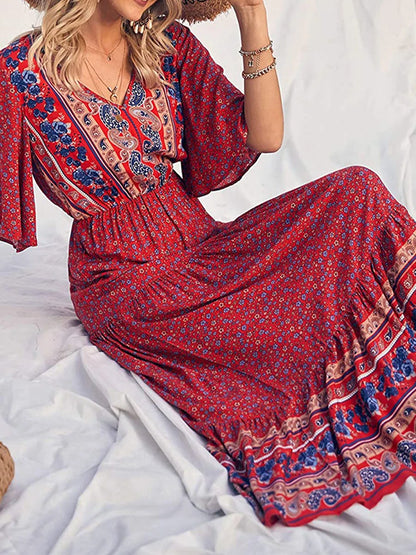 Maxi Length Boho Print Short Bell Sleeves V Neck High Waisted