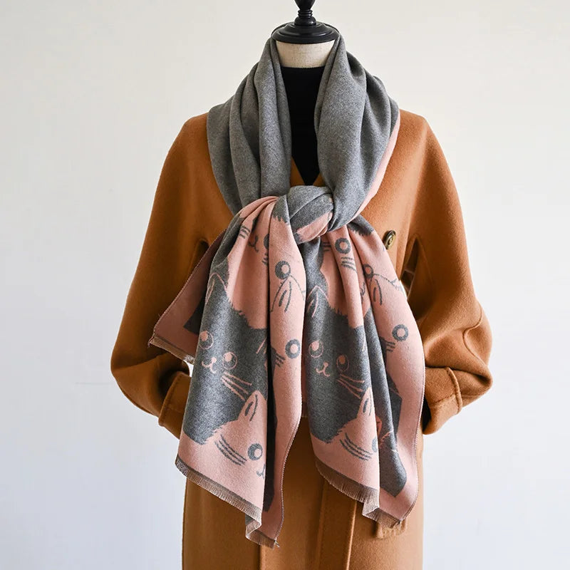 Cute Cat Ladies' Jacquard Pashmina Cashmere Scarf Thick Warm