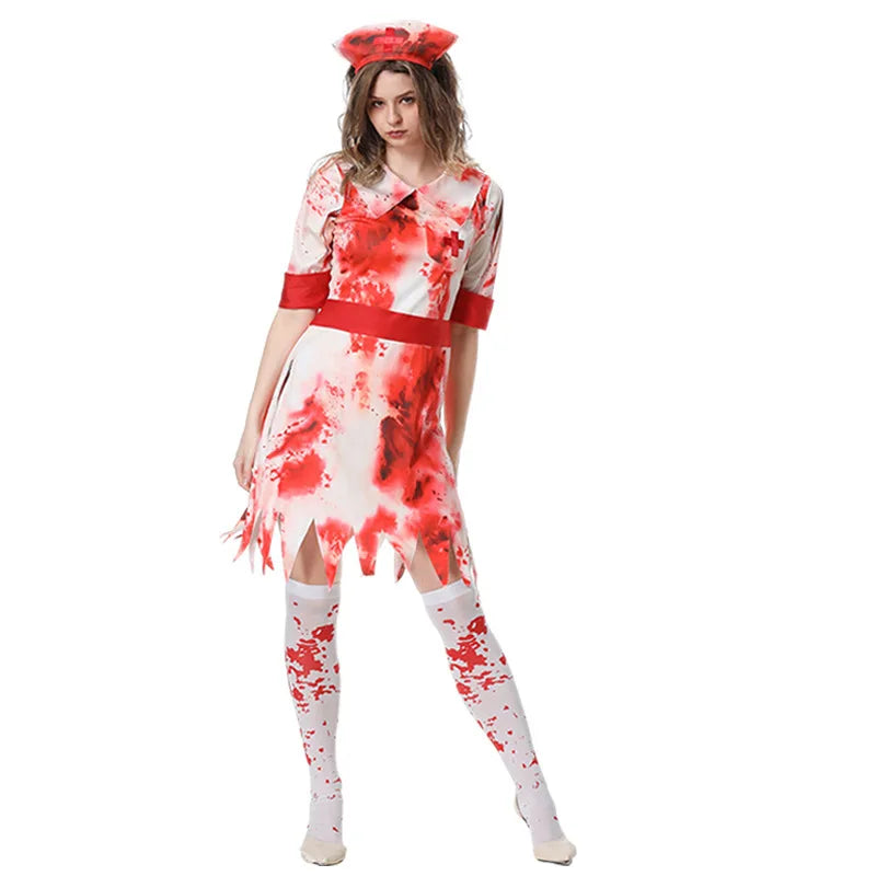 Halloween Scary Nurse Costumes Adult, Horror Bloody Printed Nurse Costume