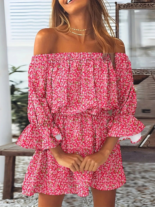 Sizes to 2XL Bohemian Off-Shoulder Floral & Leaf Print Mini Dress with Ruffled Hem and Bell Sleeves 5 Patterns