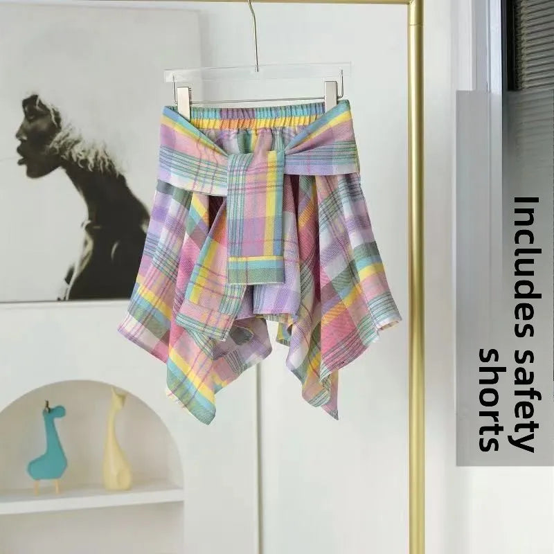 Sporty Street Style with Ruffle and Bow Tie Asymmetrical Hankie Hemline Elastic Waist, Plaid Patterned Skirt--Sizes 58 Centimeter Waist