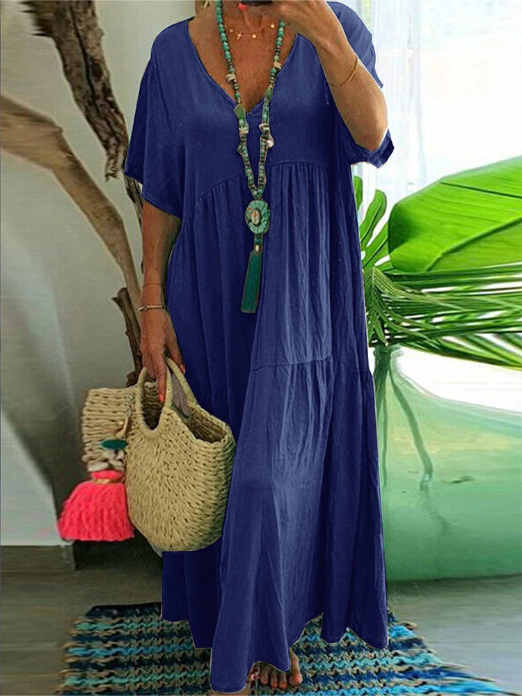 Sizes to 5XL, Loose Casual Midi Dress, V-neck, Short Loose Sleeves