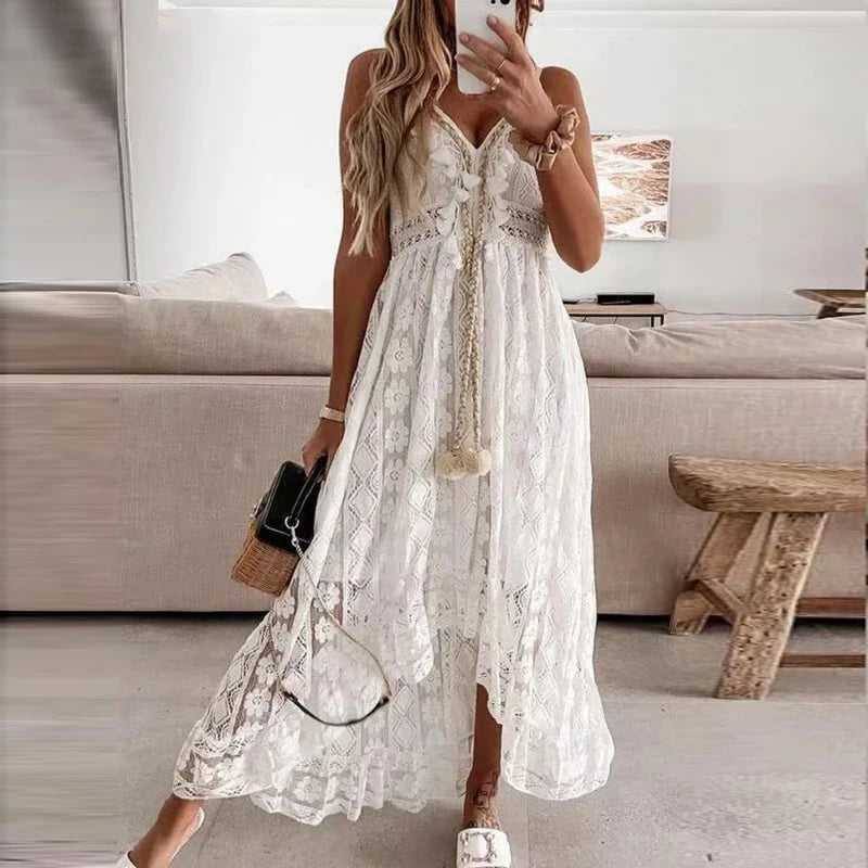 Bohemian Summer Casual V Neck Lace Spaghetti Strap Sundress with High/Low Hem