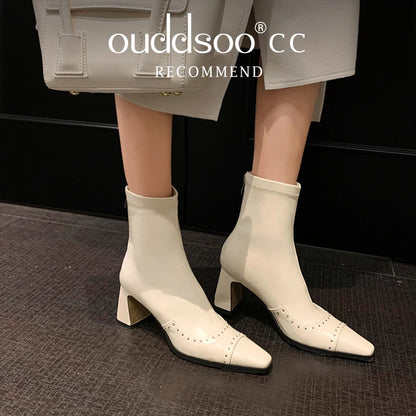 Rivetted Boots with Square Toes and Chunky Heels. Over the Ankle Stretch Tops