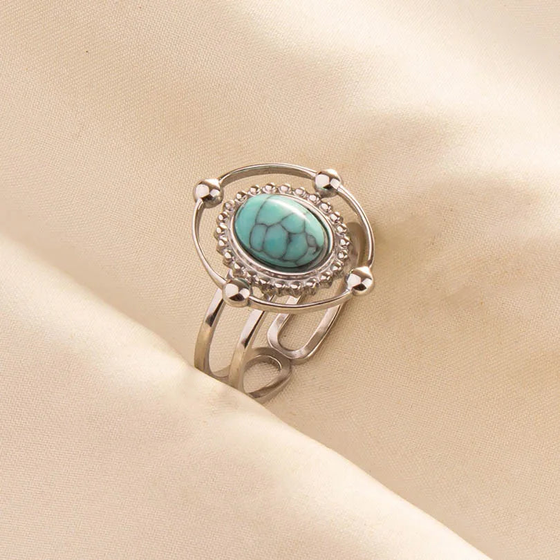 1pc Boho Turquoise Ring Stainless Steel Light Blue Gemstone Silver Adjustable Ring