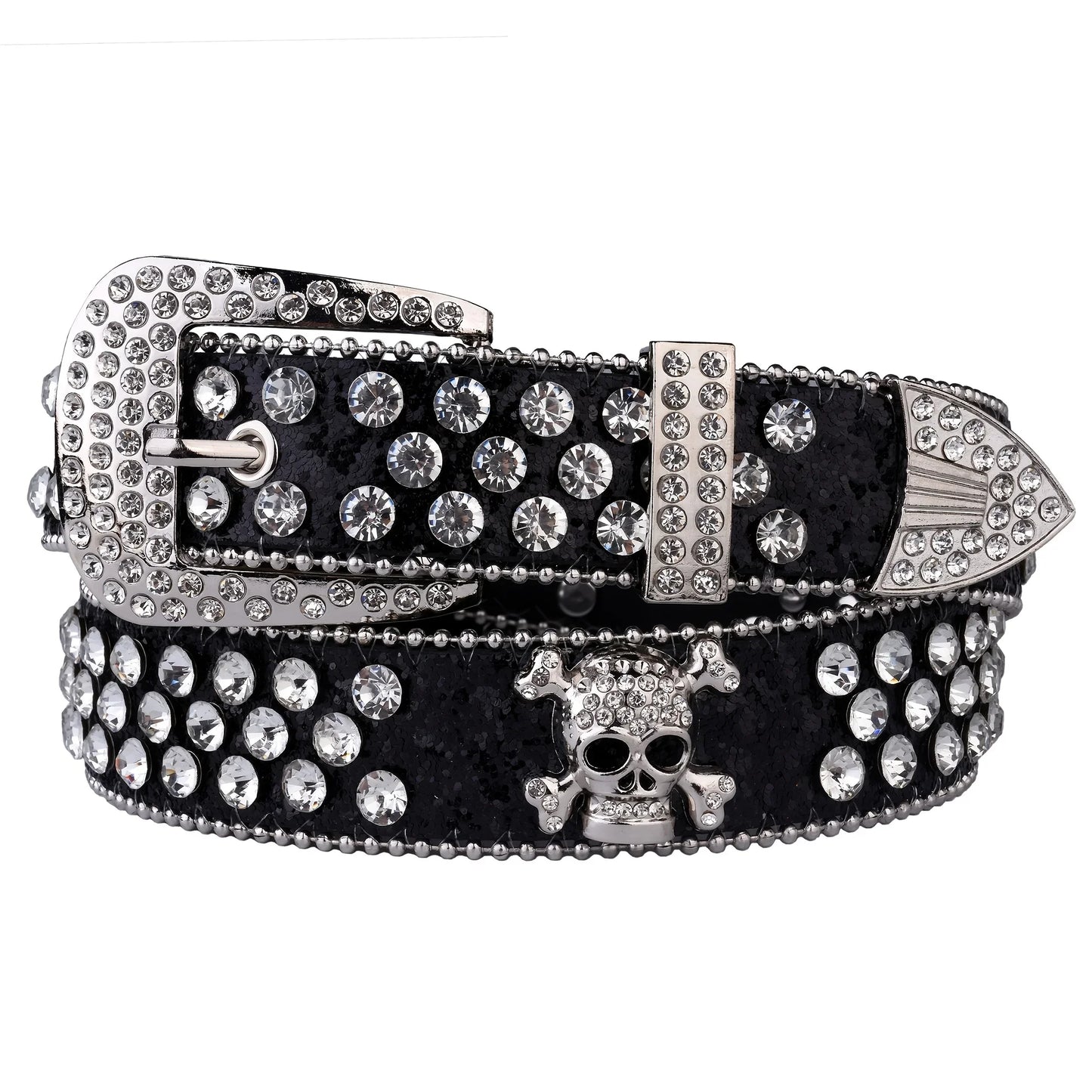 Rhinestone Skull Belt with Studded PU Leather Country or Punk Belt. Also in Silver and Pink PU Leather