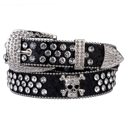 Rhinestone Skull Belt with Studded PU Leather Country or Punk Belt. Also in Silver and Pink PU Leather