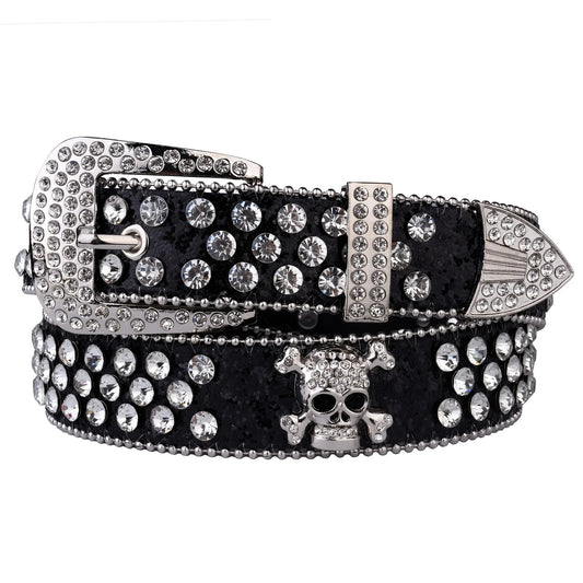 Rhinestone Skull Belt with Studded PU Leather Country or Punk Belt. Also in Silver and Pink PU Leather