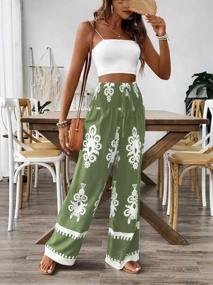 Bohemian Wide Leg Pants, Tall Elastic Waist, Casual, Comfortable