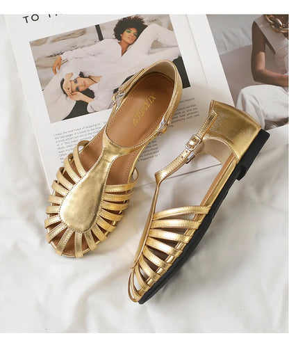 Flat Sandals with Cover Toe Weave Hollow Romanesque Footwear