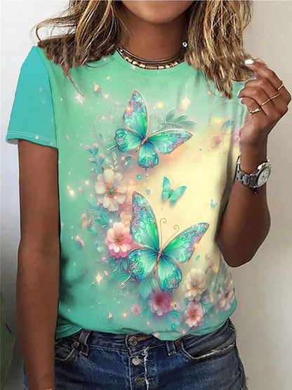 Women's Tee-shirt Shimmering Butterfly & Floral Graphic, Casual Pastel Garden Design