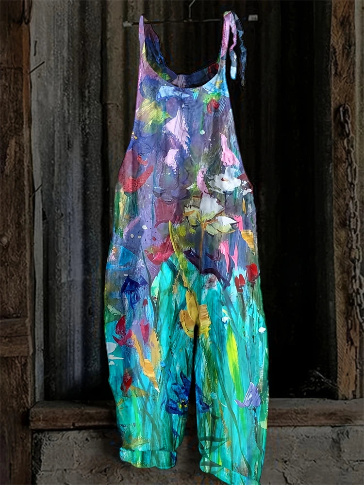 Sling Jumpsuit, Tie String Straps, Floral Printed, Wide Leg Pants, Casual Outdoor, Loose,  Comfortable, Breathable