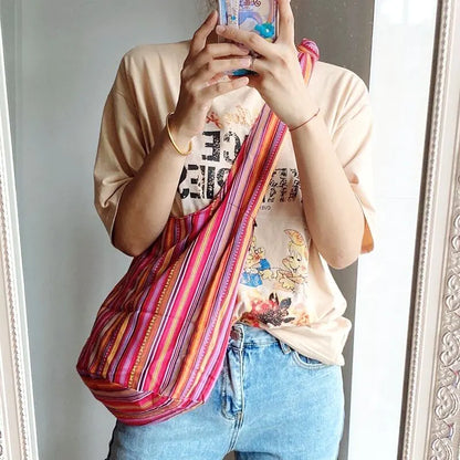 Bohemian Canvas Shoulder Crossbody Bag, Large Capacity, Ethnic Style Tote Bag