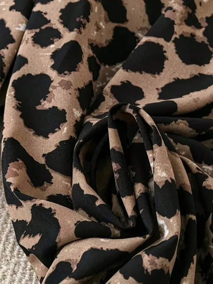 Leopard Print, Casual Straight, Wide Leg Pants, Elastic Waistband