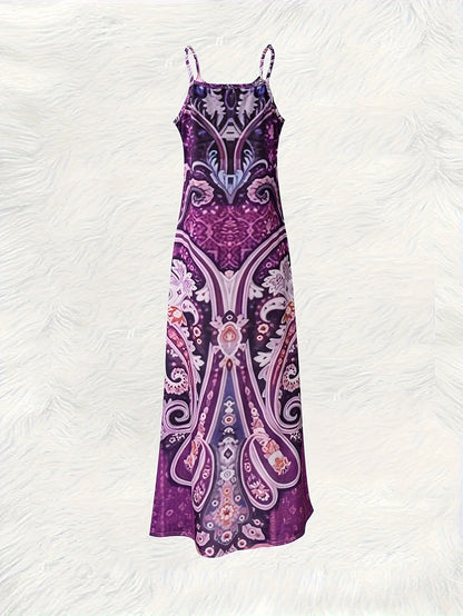 Printed Purple Pink Blue Paisley Spaghetti Strap Maxi Dress sizes to 2XL