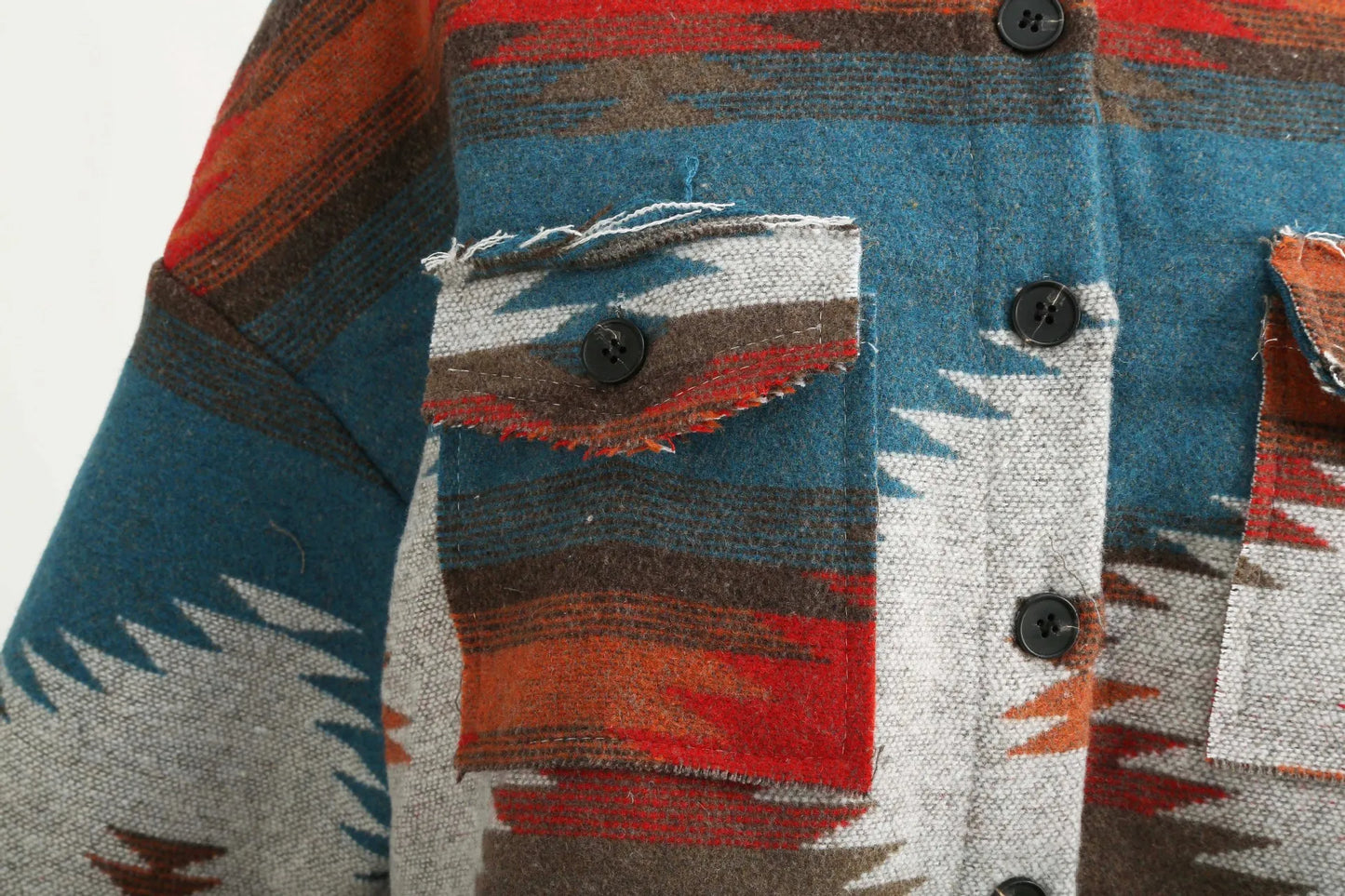 Vintage Loose Denim Jacket, Aztec Retro Ethnic Style, Long Sleeved, Shirt Collar, Sizes to XXL