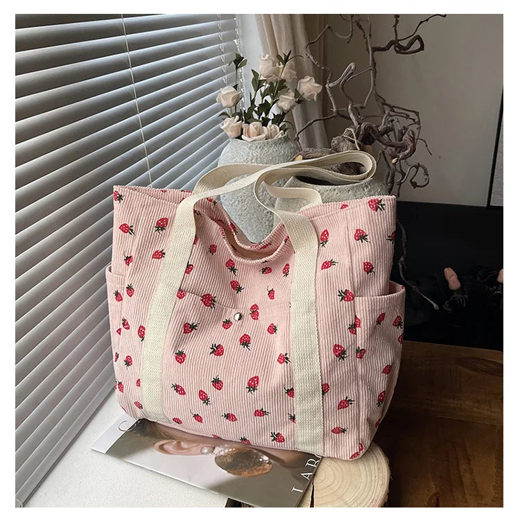 Corduroy Shoulder Bag, Cute Printed Handbag, Casual Commuter & Shopping Bag or Gift Bag