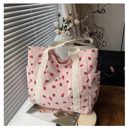 Corduroy Shoulder Bag, Cute Printed Handbag, Casual Commuter & Shopping Bag or Gift Bag