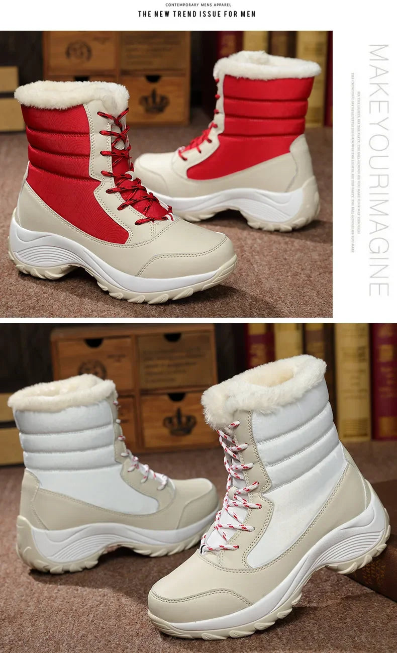 Lightweight Ankle Snow Boots with Slight Platform: Red and White, Tan and White, Navy, and Black