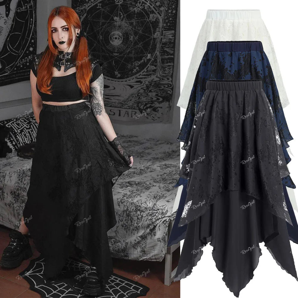 Sizes to 5XL Gothic Asymmetrical Skirt with Layered Lace Overlay, Handky Hem, Flowy Maxi Skirt Black, Deep Red, and White