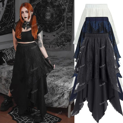 Sizes to 5XL Gothic Asymmetrical Skirt with Layered Lace Overlay, Handky Hem, Flowy Maxi Skirt Black, Deep Red, and White