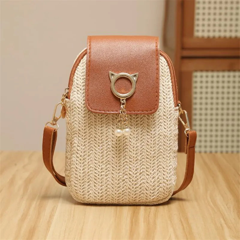 Handwoven Straw Shoulder Bag, Fashion Solid Color Crossbody Purse with Lock Closure