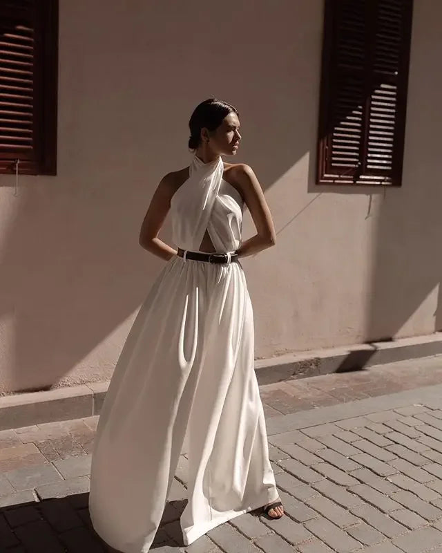 Backless Criss-cross Front, Back Button Halter Jumpsuit, Sleeveless, Slim High Waisted, Long Extra-Wide Leg Pants, Belted