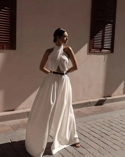 Backless Criss-cross Front, Back Button Halter Jumpsuit, Sleeveless, Slim High Waisted, Long Extra-Wide Leg Pants, Belted