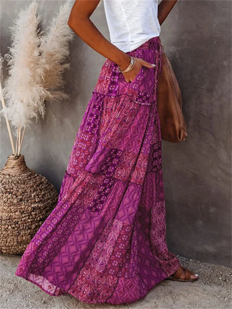 Bohemian Long Skirt with  Elastic High Waist, Tiered A-line with Pockets