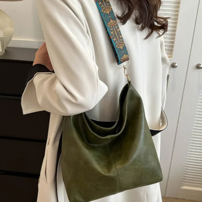 Boho Chic Faux Leather Shoulder Bag Large Capacity Crossbody Tote with Vintage Wide Adjustable Strap