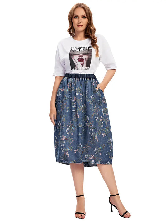 Sizes to 5XL Casual Denim Skirt High Waist ALine Knee Length Blue Vintage Gathered at Waist