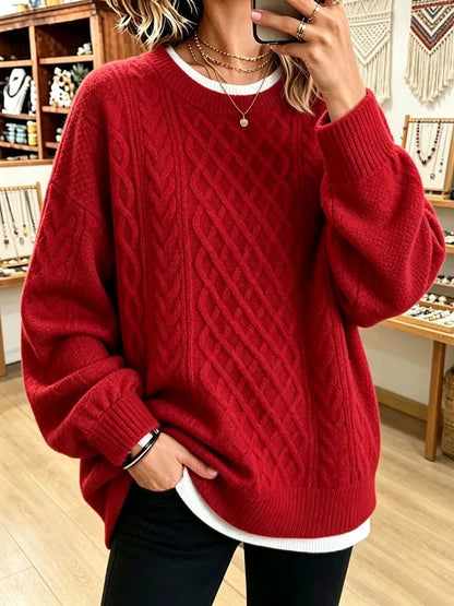 Sizes to 3XL Retro Cable Knit Sweater, Round Neck, Loose Pullover, Casual Long Sleeve Top. Comes in 9 Colors