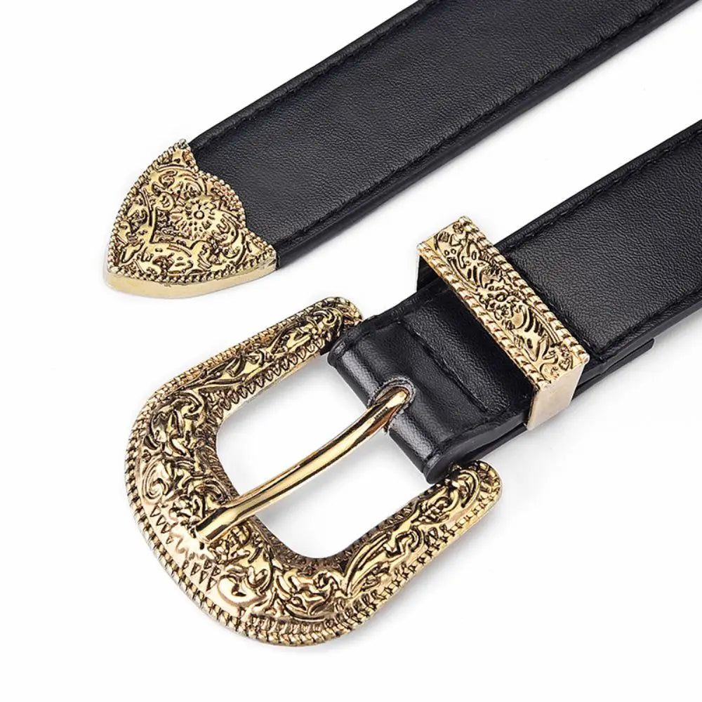 Vintage Carved Needle Buckle Belt PU Leather Belt