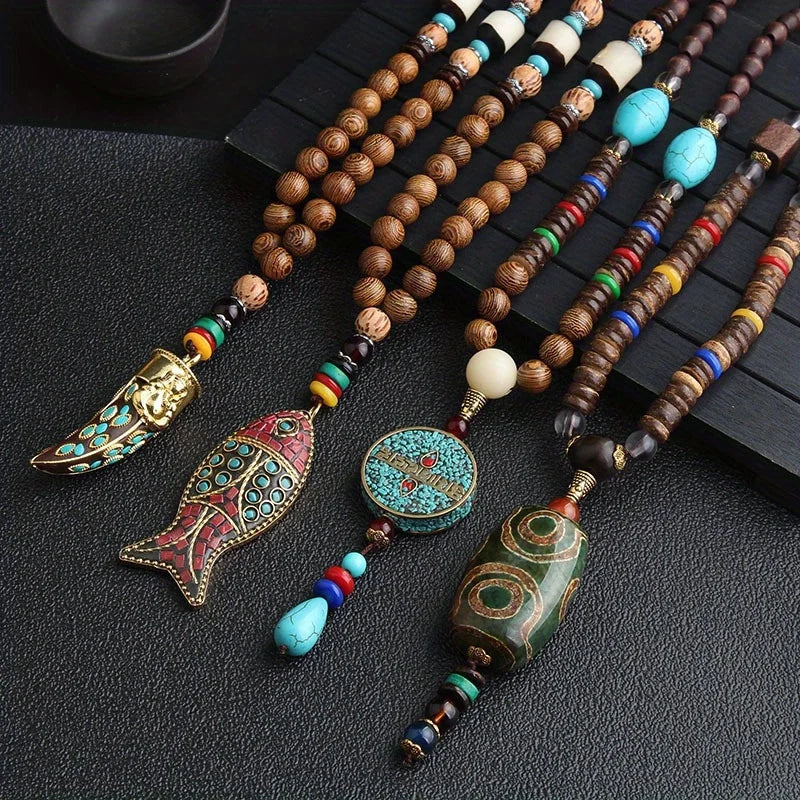 Vintage Handmade Necklace Nepal Mala Wood Beads Pendant & Necklace