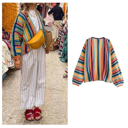 Rainbow Striped Knit Open Front Cardigan Long Sleeved Colorful Loose Knit Outerwear