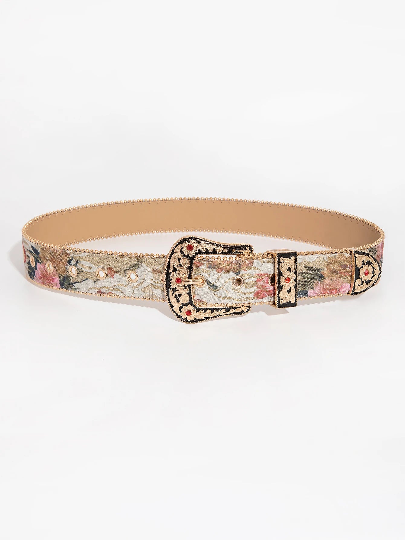 1pc gemstone engraved buckle floral oil painting pattern PU Leather. 1.4 Inches wide and up to 48 Inches Long