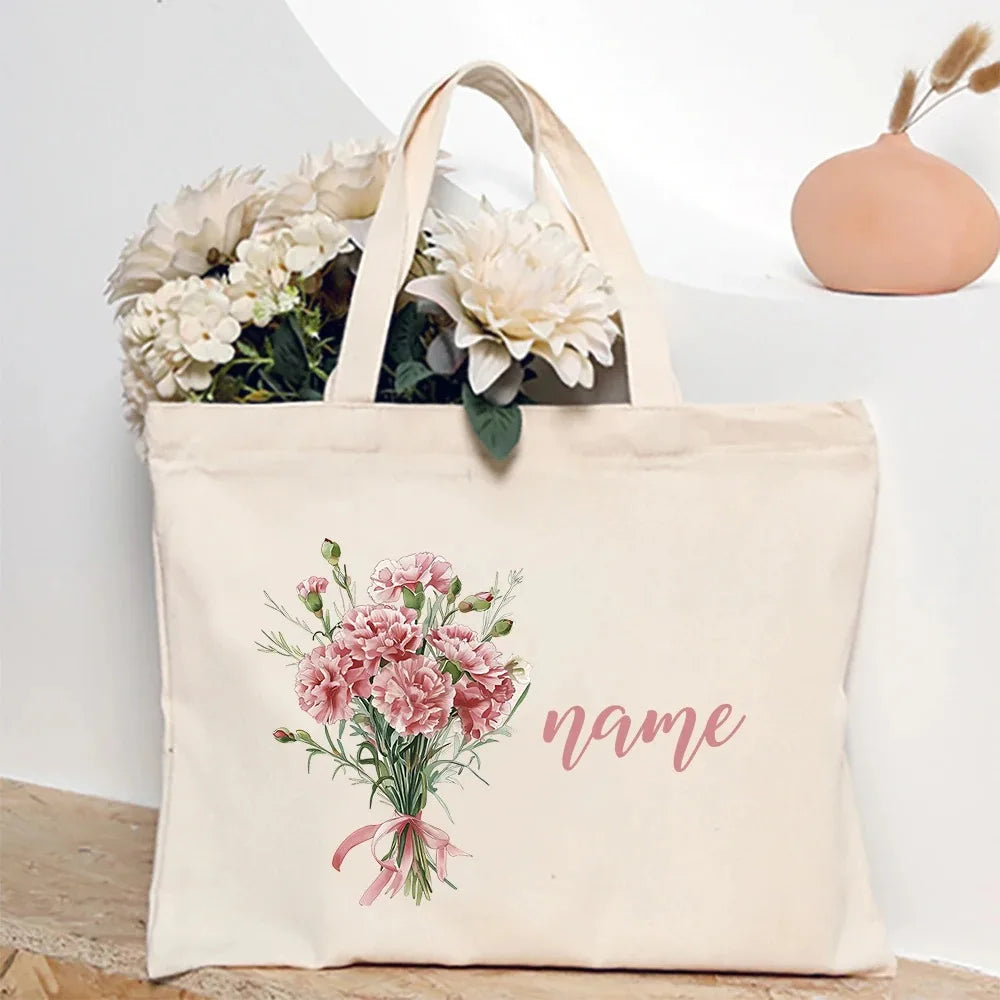 Personalized Shoulder Bag Birth Month Flower and Name Tote Bag, Monogrammed Canvas Bags