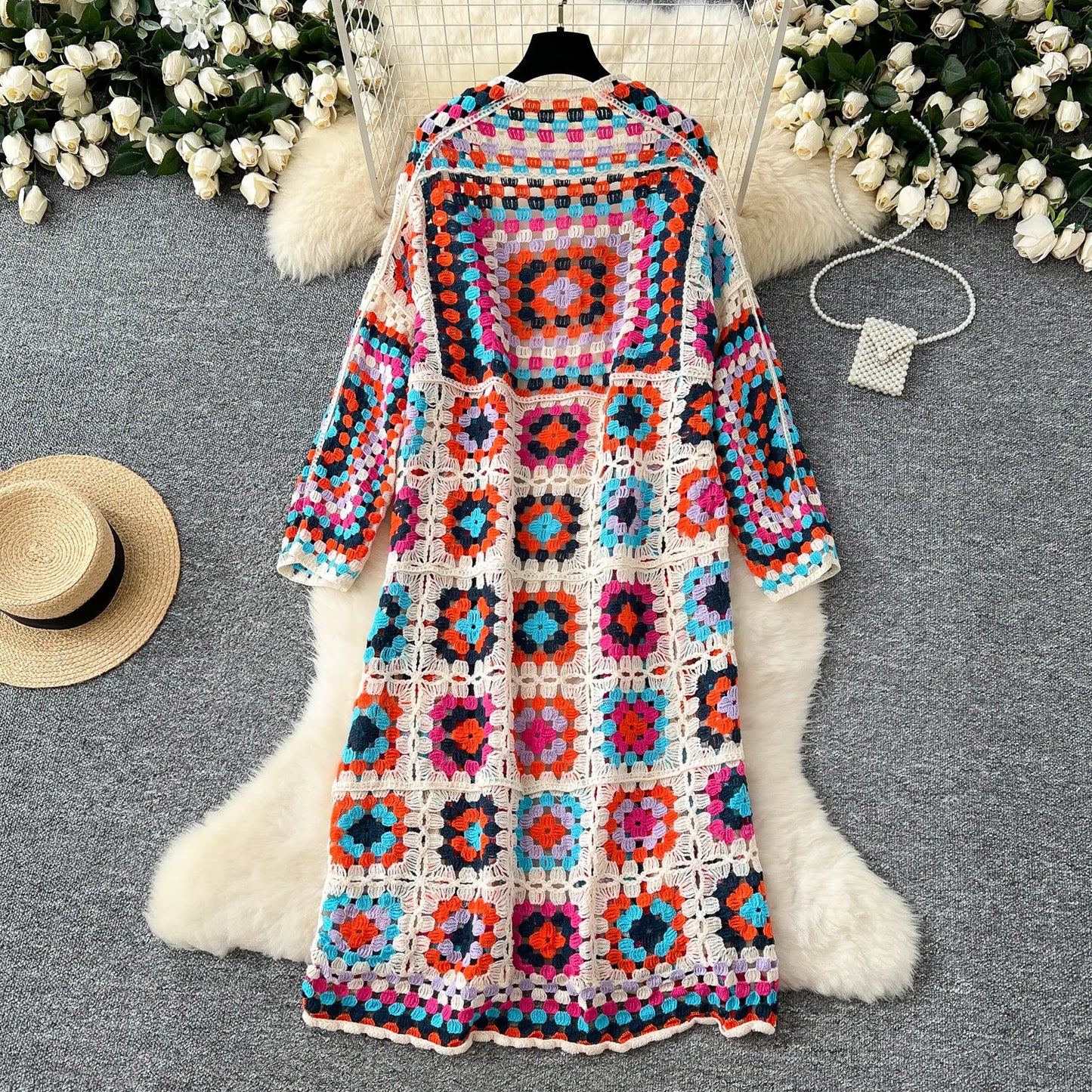 Boho Crocheted Knit Cardigan Midi Length