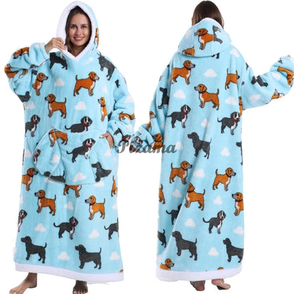 Super Long Flannel Pullover Night Shirt with Pocket and Hood, Super Snuggly for Men and Women, 12 Different Prints