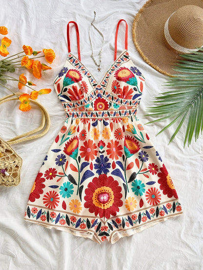 Bohemian Printed Jumpsuit, Fitted top with Elastic Back and spaghetti straps, High Waisted, Loose Bottoms