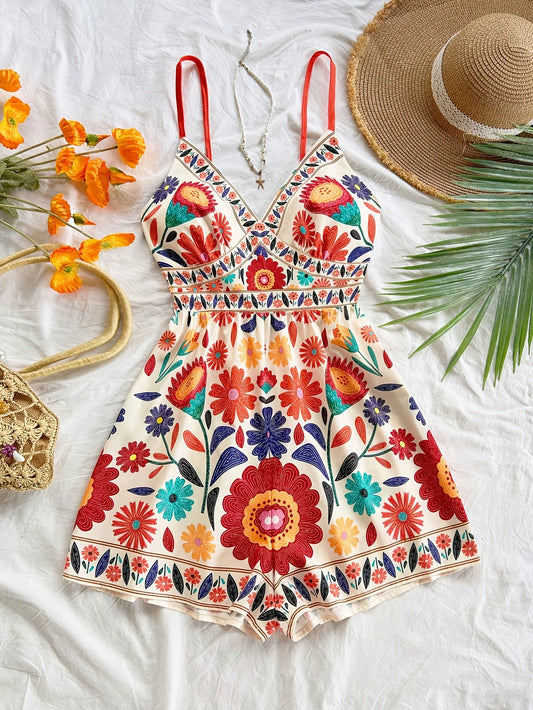 Bohemian Printed Jumpsuit, Fitted top with Elastic Back and spaghetti straps, High Waisted, Loose Bottoms