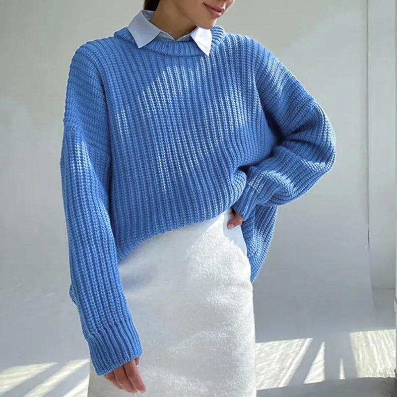 Chunky Knit Oversized Crew-Neck Pullover Sweater, 16 Colors