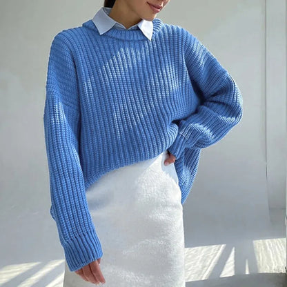 Chunky Knit Oversized Crew-Neck Pullover Sweater, 16 Colors
