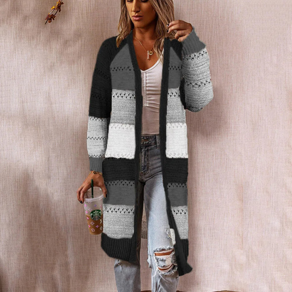 Multi-Color Mid-Length Knitted Cardigan Sizes to 3XL