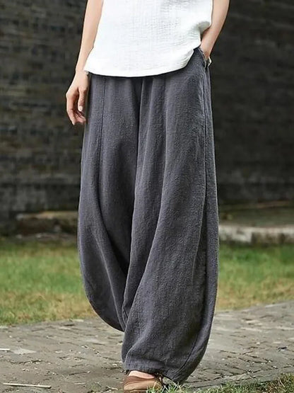 Up to 4XL Vintage Cotton Linen Blend Wide Leg Pants with elastic Waist and Pockets