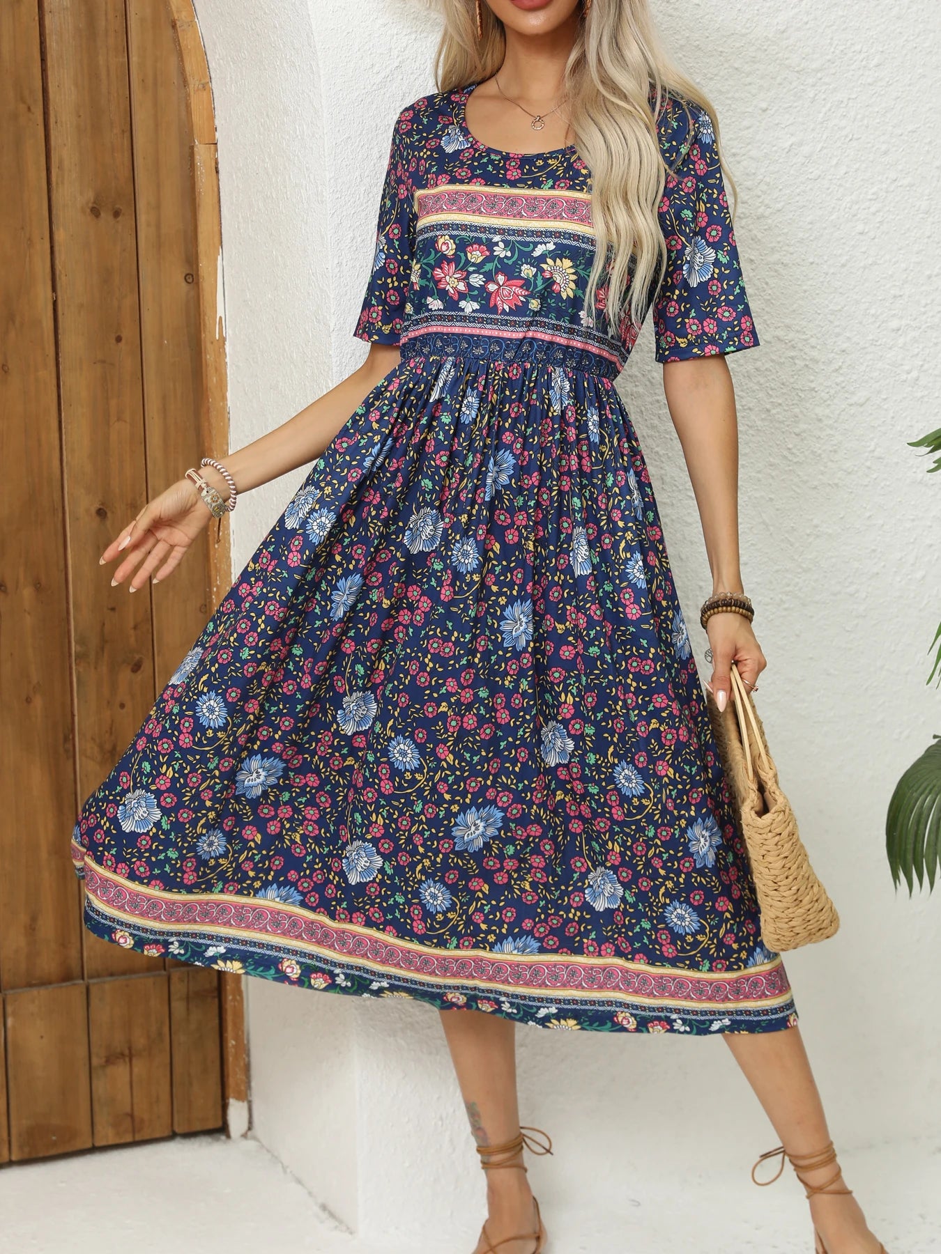 Bohemian To 3XL Print Midi Dress, Round neck, short sleeve, long skirt